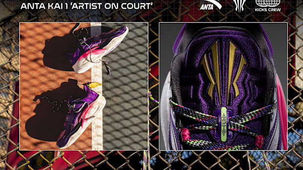 Side view of Kyrie Irving's purple and black ANTA sneakers.